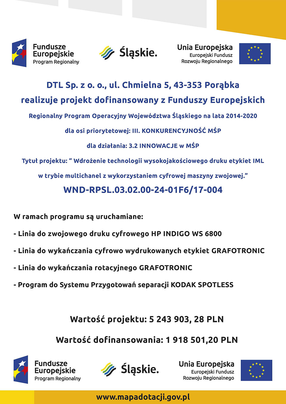 Tablica informacyjna projektu UE nr 2, RPO Województwa Śląskiego 2014-2020, Drukarnia DTL